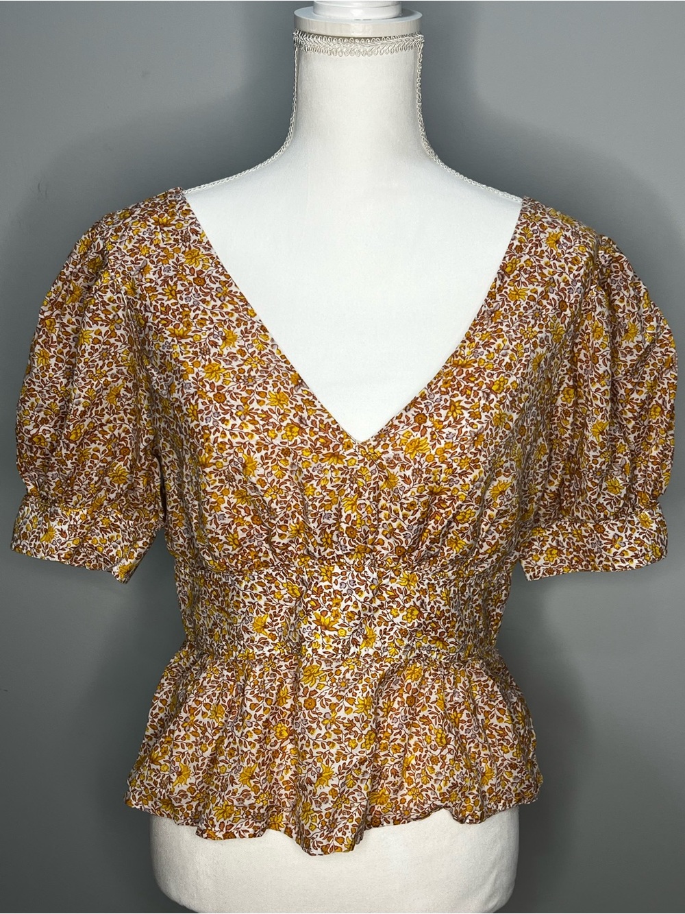 J. Crew Yellow and Brown Floral Puff-Sleeve Peplum Top